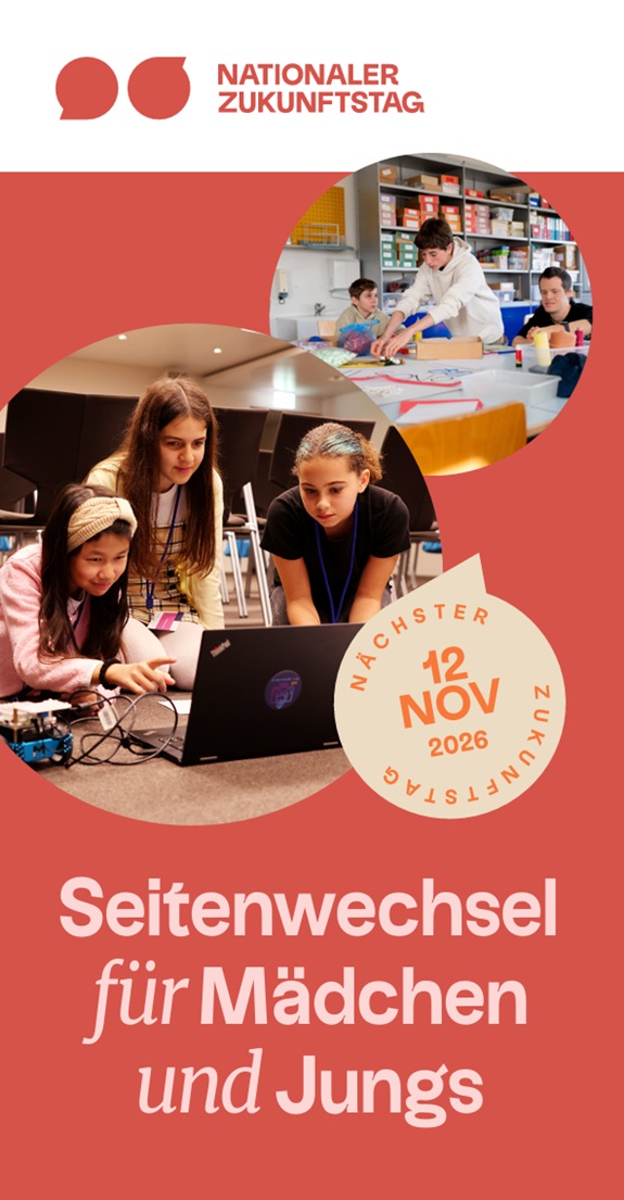 Plakat zum Nationalen Zukunftstag mit Bildern von Kindern bei Technik‑ und Bastelarbeiten sowie Hinweis auf den 12. November 2026.