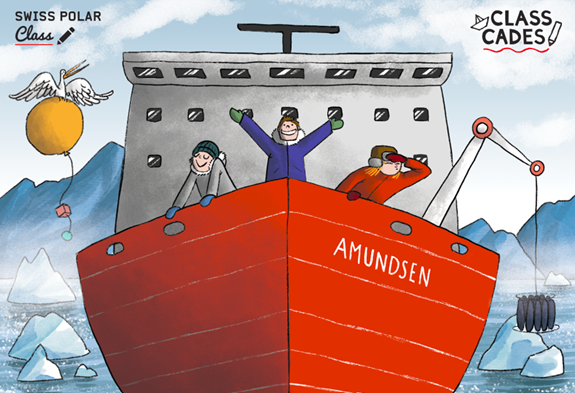 Illustration eines roten Forschungsschiffs mit drei Personen an Bord in einer Eislandschaft.