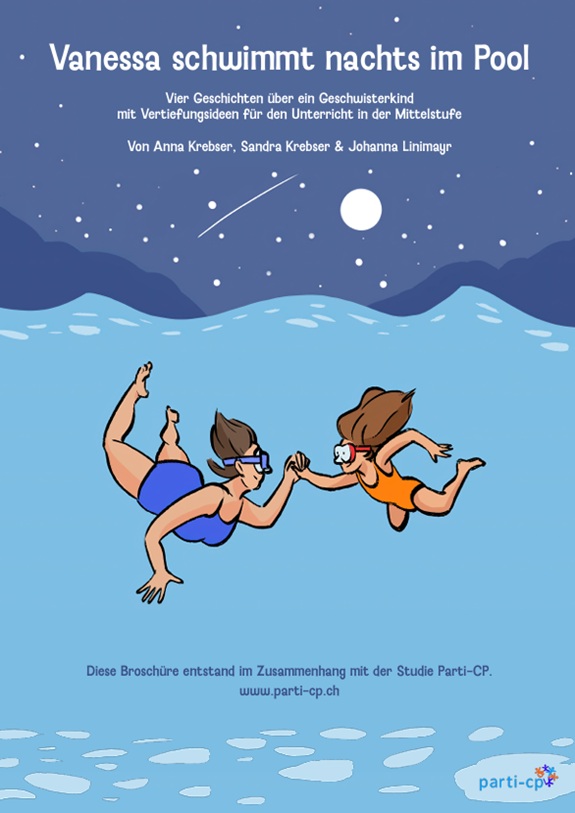 Illustration von zwei schwimmenden Figuren in einem Pool bei Nacht mit Titeltext oben.