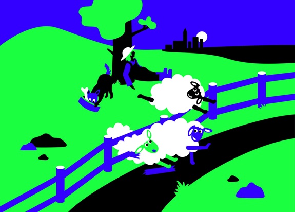 Bunte Illustration mit Schafen, die &uuml;ber einen Zaun springen, vor einer gr&uuml;nen Landschaft und stilisierter Stadt im Hintergrund.