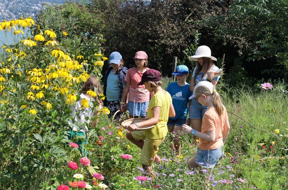 Eine Gruppe von Kindern und einer erwachsenen Person steht in einem bl&uuml;henden Garten. Sie betrachten die Pflanzen und sammeln etwas in einem kleinen Korb, umgeben von vielen farbigen Blumen und hoher Vegetation.