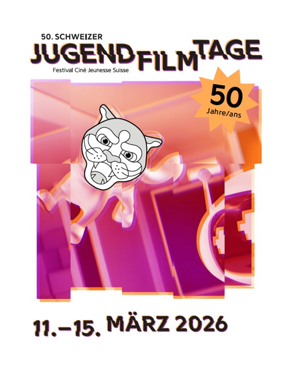 Das Bild zeigt ein farbenfrohes Plakat der 50. Schweizer Jugendfilmtage, mit grafischen Elementen in Pink‑Orange‑T&ouml;nen und dem Hinweis auf den Veranstaltungszeitraum 11.&ndash;15. M&auml;rz 2026.