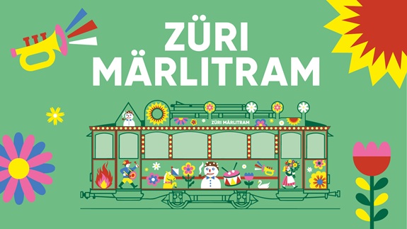 Ein bunt illustriertes Plakat zeigt das &bdquo;Z&uuml;ri M&auml;rlitram&ldquo;, ein dekoriertes Tram mit Blumen, Figuren und fr&ouml;hlichen Farben auf gr&uuml;nem Hintergrund.