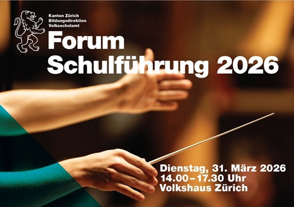 Flyer f&uuml;r das &bdquo;Forum Schulf&uuml;hrung 2026&ldquo; des Kantons Z&uuml;rich mit Dirigierhand, Titel, Datum und Veranstaltungsort Volkshaus Z&uuml;rich. 