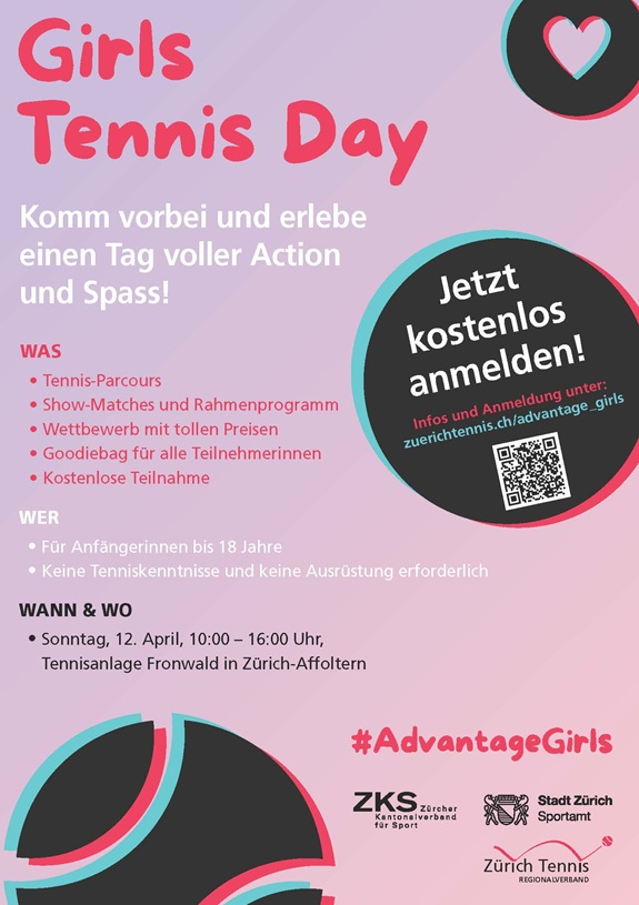 Plakat f&uuml;r den &bdquo;Girls Tennis Day&ldquo; mit Infos zu einem kostenlosen Tennis‑Event f&uuml;r M&auml;dchen, inklusive Programm, Datum, Ort und Anmeldehinweis. 
