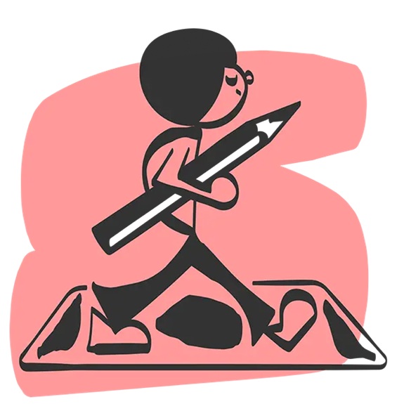 Stilisierte Illustration einer gehenden Figur, die einen gro&szlig;en Stift tr&auml;gt, vor rosafarbenem Hintergrund.