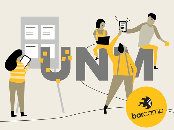 Illustration von Personen rund um grosse Buchstaben und mobile Ger&auml;te beim Barcamp.