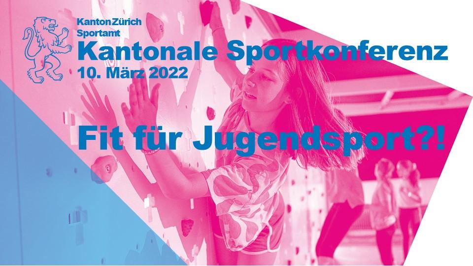 Startfolie einer Powerpointpräsentation mit eingefärbtem Bild mit Mädchen an digitaler Kletterwand, Schrift «Kantonale Sportkonferenz» und «Fit für Jugendsport?!»
