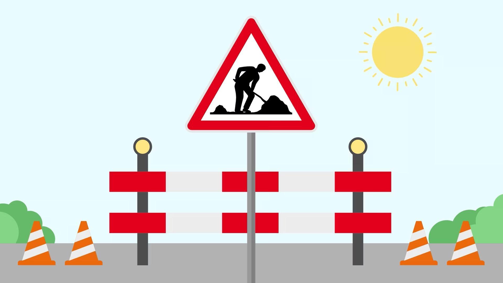Eine flache Vektorillustration einer Straßensperrung. Ein rotes, dreieckiges Warnschild mit einem Symbol einer Person, die schaufelt, steht auf einem Pfosten in der Mitte. Eine rot-weiße gestreifte Barriere erstreckt sich horizontal hinter dem Schild. Zwei orangefarbene Kegel flankieren die Barriere auf beiden Seiten. Eine gelbe Sonne ist in der oberen rechten Ecke abgebildet und scheint auf die Szene. Die Szene ist hell und minimalistisch auf einem hellblauen Hintergrund gestaltet.